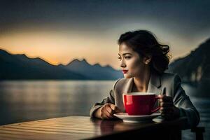 ein Frau Sitzung beim ein Tabelle mit ein Tasse von Kaffee. KI-generiert foto