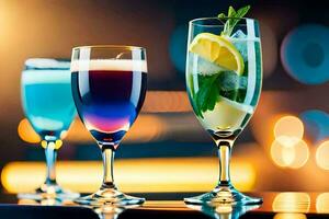 drei Brille von anders farbig Getränke auf ein Bar. KI-generiert foto