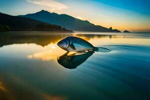 ein Fisch ist schwebend im das Wasser beim Sonnenuntergang. KI-generiert foto