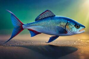 ein Fisch mit Blau und rot Flossen auf das Strand. KI-generiert foto