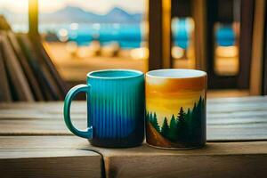 zwei Kaffee Tassen mit ein Berg Sicht. KI-generiert foto