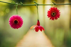 drei Blumen hängend von ein Kabel. KI-generiert foto