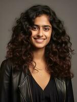 lächelnd jung Frau von indisch Abstammung gegen neutral Hintergrund ai generativ foto