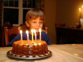 Kind weht aus das Kerzen auf ihr Geburtstag Kuchen ai generativ foto