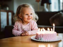 Kind weht aus das Kerzen auf ihr Geburtstag Kuchen ai generativ foto