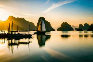 das Sonne setzt Über das Wasser im Halong Bucht, Vietnam. KI-generiert foto