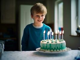 Kind weht aus das Kerzen auf ihr Geburtstag Kuchen ai generativ foto