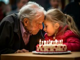 Kind weht aus das Kerzen auf ihr Geburtstag Kuchen ai generativ foto