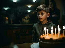 Kind weht aus das Kerzen auf ihr Geburtstag Kuchen ai generativ foto