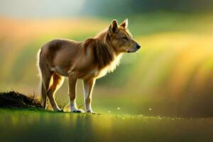 ein Hund Stehen im das Gras in der Nähe von ein Teich. KI-generiert foto