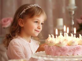 Kind weht aus das Kerzen auf ihr Geburtstag Kuchen ai generativ foto