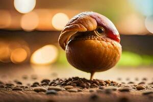 ein Vogel Sitzung auf oben von ein Kaffee Bohne. KI-generiert foto