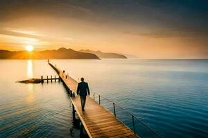 ein Mann Gehen auf ein Seebrücke beim Sonnenuntergang. KI-generiert foto