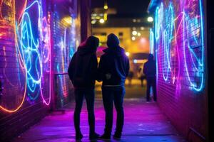 emotional Einschlag Neon- retro Stil fotografieren von Menschen ai generativ foto