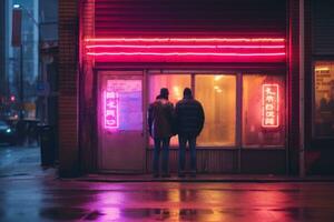 emotional Einschlag Neon- retro Stil fotografieren von Menschen ai generativ foto