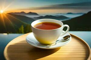 ein Tasse von Tee auf ein Tablett mit Berge im das Hintergrund. KI-generiert foto