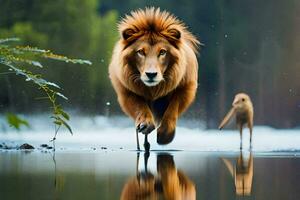 ein Löwe Laufen durch Wasser mit ein Hund. KI-generiert foto