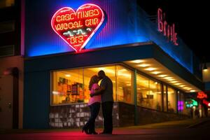 emotional Einschlag Neon- retro Stil fotografieren von Menschen ai generativ foto