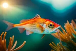 ein Fisch Schwimmen im das Ozean mit hell Sonnenlicht. KI-generiert foto