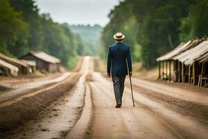 ein Mann im ein passen Spaziergänge Nieder ein Schmutz Straße. KI-generiert foto