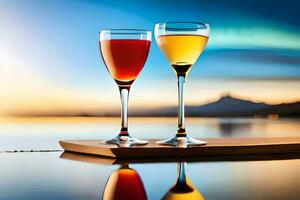 zwei Brille von Wein auf ein hölzern Tablett mit ein Sonnenuntergang im das Hintergrund. KI-generiert foto