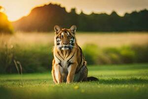 ein Tiger Sitzung im das Gras beim Sonnenuntergang. KI-generiert foto