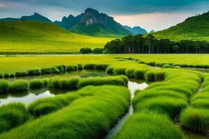 ein schön Landschaft mit Gras und Wasser. KI-generiert foto
