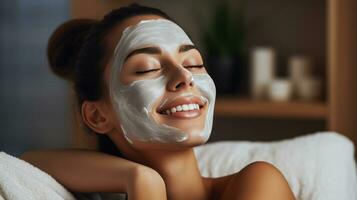 ein Frau bekommen ein Gesichts- Maske Behandlung beim ein Schönheit Salon foto
