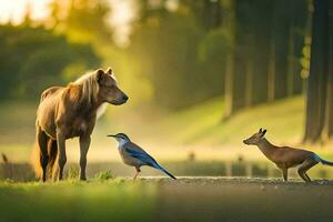 ein Pferd und zwei Vögel Stehen auf ein Straße. KI-generiert foto