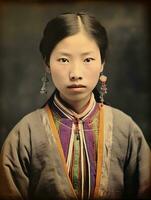 alt farbig Foto von ein asiatisch Frau von das früh 1900s ai generativ