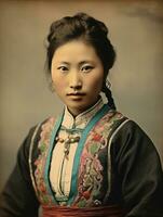 alt farbig Foto von ein asiatisch Frau von das früh 1900s ai generativ