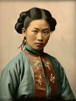 alt farbig Foto von ein asiatisch Frau von das früh 1900s ai generativ