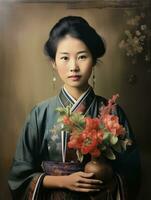 alt farbig Foto von ein asiatisch Frau von das früh 1900s ai generativ