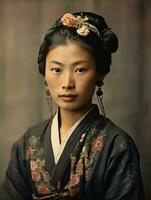 alt farbig Foto von ein asiatisch Frau von das früh 1900s ai generativ