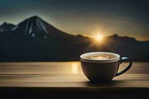 ein Tasse von Kaffee auf ein hölzern Tabelle im Vorderseite von ein Berg Sicht. KI-generiert foto