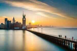 ein lange Exposition fotografieren von ein Stadt Horizont beim Sonnenuntergang. KI-generiert foto