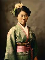 alt farbig Foto von ein asiatisch Frau von das früh 1900s ai generativ