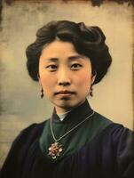 alt farbig Foto von ein asiatisch Frau von das früh 1900s ai generativ