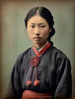 alt farbig Foto von ein asiatisch Frau von das früh 1900s ai generativ