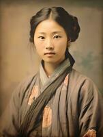 alt farbig Foto von ein asiatisch Frau von das früh 1900s ai generativ