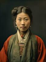 alt farbig Foto von ein asiatisch Frau von das früh 1900s ai generativ