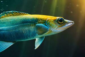 ein Fisch Schwimmen im das Wasser mit Sonnenlicht leuchtenden. KI-generiert foto