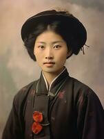 alt farbig Foto von ein asiatisch Frau von das früh 1900s ai generativ