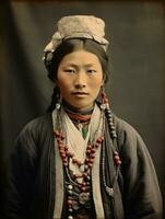 alt farbig Foto von ein asiatisch Frau von das früh 1900s ai generativ