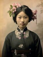 alt farbig Foto von ein asiatisch Frau von das früh 1900s ai generativ