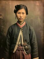 alt farbig Foto von ein asiatisch Frau von das früh 1900s ai generativ