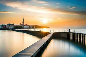 das Sonne ist Rahmen Über ein Seebrücke im Tallinn, Estland. KI-generiert foto