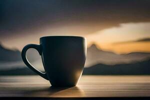 Kaffee Tasse auf Tabelle mit Berge im das Hintergrund. KI-generiert foto