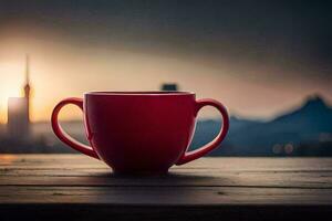 ein rot Tasse sitzt auf ein Tabelle mit ein Stadt im das Hintergrund. KI-generiert foto