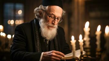 Rabbi lesen Tora im Synagoge auf Chanukka foto